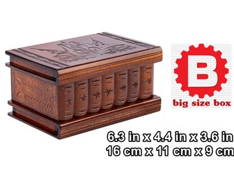 Industrial Steampunk box Puzzle case handmade wooden carved, hidden stash place safe, Holder lock with key -6.3in/16cmx4.4in/11cmx3.6in/9 cm