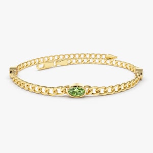 Peridot Bracelet  / 3MM Cuban Curb Link Chain Bracelet with Bezel Setting Oval Peridot by Ferkos Fine jewelry / August Birthstone