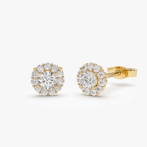 Diamond Studs Earrings / 14k Gold Diamond Halo Stud Earrings / Classic Earrings / Brilliant Round Diamond Earring by Ferkos Fine Jewelry