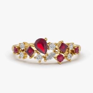 Ruby and Diamond Cluster Ring,14k Natural & Genuine Multi-Stone Ruby and Diamond Promise Ring, July Birthstone, Dainty Handmade Cluster Ring