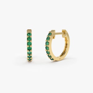 Natural Emerald Earrings / Huggie Earrings / 14k Gold 10MM Emerald Huggie Hoop Earrings / Small Hoop Emerald Earrings / Jewelry Gift