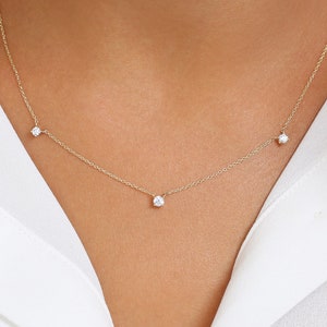 Solitaire Necklace / 14k Gold Prong Setting 3 Station Diamond Necklace / Diamond Solitaire Necklace / Layering Necklace / Choker Necklace