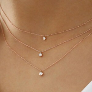 Diamond Bezel Necklace / 14k Rose Gold Dangling Diamond Necklace / Brilliant Cut Real Diamond Necklace / Birthday Gift