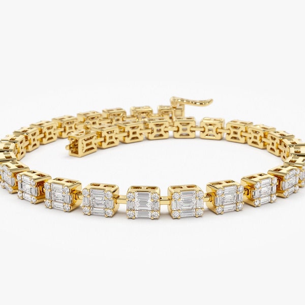 Tennis Bracelet / 14kt Solid Gold Baguette and Round Diamond Illusion Setting Diamond Bracelet be Ferkos Fine Jewelry / Gift for Mom