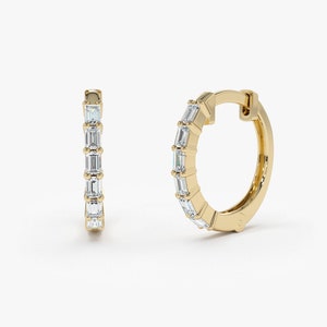 Diamond Earrings / 14k Baguette Diamond Mini Hoop Earrings / Baguette Diamond Mini Huggie Earrings / Tiny Hoop Earring / Last Minute Gift