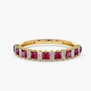 Ruby Ring / 14k Gold Unique Princess Cut Natural Ruby and Baguette Diamond Statement Ring by Ferko's Fine Jewelry / Gift for her