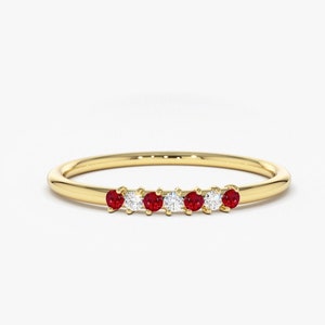 Ruby and Diamond Wedding Band in 14k Gold / Stackable Genuine Ruby Ring / July Birthstone / Rose Gold and White Gold