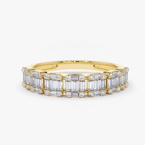 Baguette Diamond Ring / 14k Gold Half Eternity Baguette and Round Diamond Stackable Ring / Diamond Anniversary Band by Ferkos Fine Jewelry