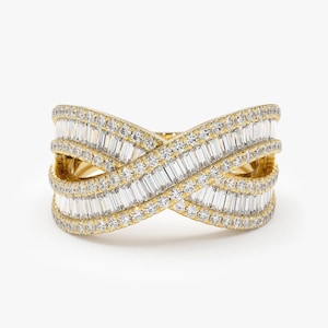 Diamond Ring / 1.45ctw 14k Gold Criss Cross Baguette and Round Brilliant Micro Pave Cocktail Ring / Baguette Crossover Ring