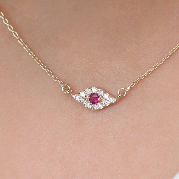 Diamond Evil Eye Necklace / 14k Gold Necklace / Diamond Necklace / Good Luck Necklace, Mothers Day Gift, Birthstone Eye Necklace