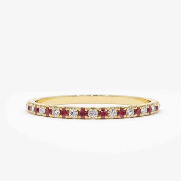 Ruby and Diamond Eternity Band / 14k Rose Gold Micro Pave Diamond and Ruby Eternity Wedding Ring / Ruby Wedding Band / July Birthstone Ring