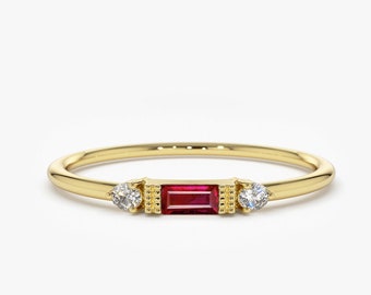 Ruby Ring / Baguette Ruby Ring / 14k Rose Gold Minimalist Ruby Ring / Stacking Three-Stone Round Diamond Ruby Ring / Promise Ring