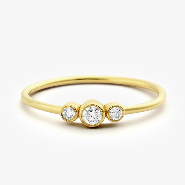 Three Stone Diamond Engagement Ring / 14k Gold Three Stone Round Brilliant Cut Diamond Engagement Ring / Dainty Three Stone Bezel Set Ring