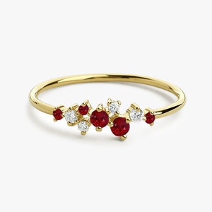 Ruby Ring / Ruby and Diamond Cluster Ring / Unique Ruby Stackable Ring / Ruby Ring Gold / Ruby Emerald Jewelry / Natural Ruby Ring 14k Gold