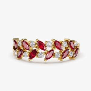 14k Marquise Ruby and Diamond Ring, Two Row Anniversary Band