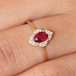 Natural Ruby Ring / 14k Gold Halo Ruby Engagement Ring / Victorian Genuine Ruby Ring / July Birthstone Ring / Anniversary Gift