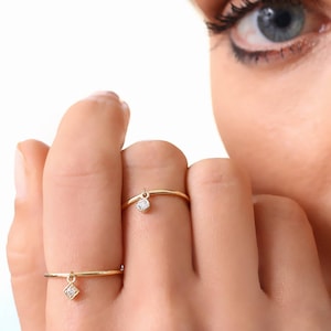 14k Gold Thin Ring with a 0.05ctw Round White Diamond Dangling Charm Ring -  Round Cut Diamond Dangle Ring / Stacking Diamond Ring