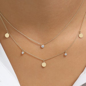 Dangling Diamond Necklace with Dangling Gold Disc in 14k Solid Gold / Diamond Choker / Gold Choker / Disc Choker