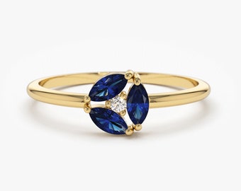 Sapphire Ring / Blue Sapphire Cluster Ring in 14k Solid Gold / Engagement Ring/ Unique Marquise Sapphire Diamond Ring / September Birthstone