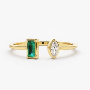 Emerald and Marquise Diamond Ring / Emerald Cuff Ring / 14k Gold Genuine Emerald Ring / Marquise Shape Diamond Ring / Open Design Ring
