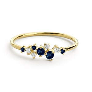 Sapphire Ring / Sapphire and Diamond Cluster Ring / Unique Sapphire Stackable Ring / Genuine Sapphire / September Birthstone Ring