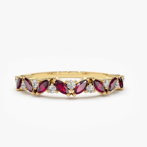 Marquise Ruby & Diamond Ring / Ruby and Marquise Diamond Wedding Ring in 14K Solid Gold / Alternating Ruby Marquise Gemstone Ring