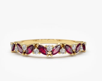 Marquise Ruby & Diamond Ring / Ruby and Marquise Diamond Wedding Ring in 14K Solid Gold / Alternating Ruby Marquise Gemstone Ring