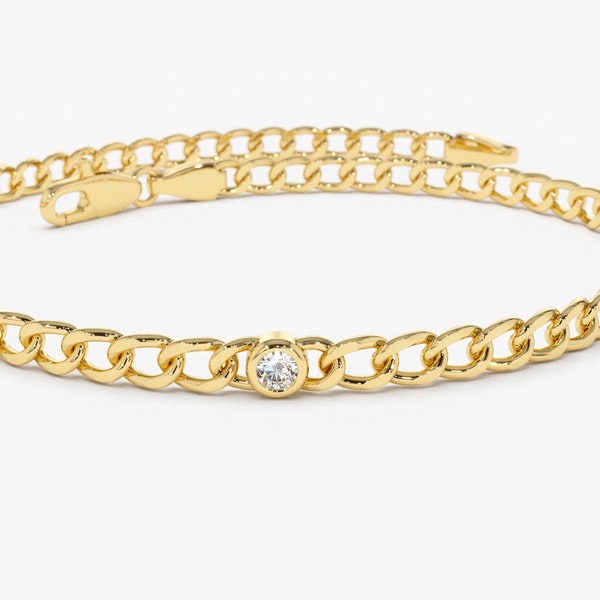 Cuban Link Chain 14k Solid Gold / 3MM Cuban Curb Link Chain Bracelet with Bezel Setting Solitaire Diamonds  by Ferkos Fine jewelry