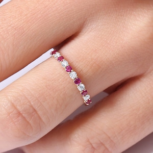 Ruby & Diamond Wedding Ring / 14k Gold Shared Prong Ruby Eternity Diamond Band / July Birthstone Ring/ Anniversary Ring