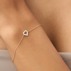 ダイヤモンド ブレスレット / 小さなダイヤモンド ハート ブレスレット / 14K ゴールドのミニ ダイヤモンド ハート ブレスレット / ダイヤモンド ハート ブレスレット マイクロ パヴェ セッティング .10ctw