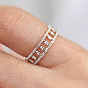 14k Gold Double Row Micro Pave Diamond Ring with Baguette Diamond / Diamond ring, Round and Baguette Diamond, Mothers Day Gift, Gift For Her