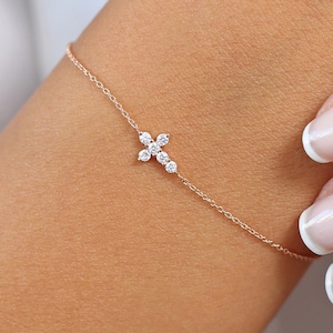 Tiny Diamond Cross Bracelet / 14k Gold Diamond Cross Bracelet / Diamond Cross Pendant / Mini Cross White Diamond Bracelet / Gift for Mom