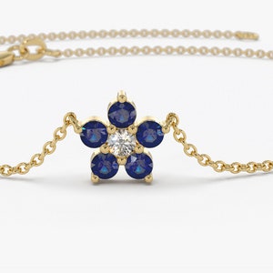 Sapphire Bracelet / 14k Sapphire and Diamond Bracelet for Women / 14k Gold Bracelet / Dainty  Chain Bracelet / Flower Design Bracelet