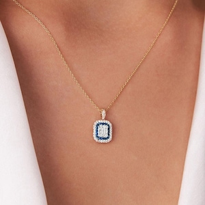 Diamond & Sapphire Necklace, 14K Solid Gold Sapphire and Diamond Illusion Setting Octagonal Necklace, September Birthstone, Layering Charm