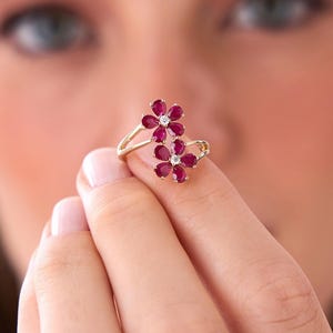 Ruby Statement Ring, 14k Ruby Double Flower Ring, Ruby Gemstone Floral Ring, Pear Shaped Ruby Ring, Diamond Accent Gold Ring, May Birthstone