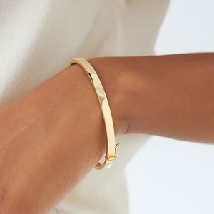 4MM Gold Flat Bangle Bracelet, 14K Gold Plain Gold Bracelet, Gold Oval Bracelet, Polished Gold Bracelet Bangle, Not Hollow Tubing Bracelet