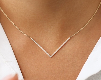 V Shaped Necklace / 14K Gold Diamond Chevron Necklace / Dainty V Necklace /  Minimalist Chevron V Necklace in 14k Solid Gold by Ferkos