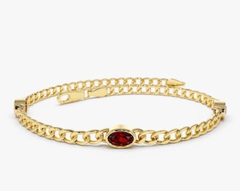 Garnet Bracelet / 3MM Cuban Curb Link Chain Bracelet with Bezel Setting Oval shape Red Garnet by Ferkos Fine jewelry / January Birthstone