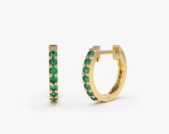 Natural Emerald Earrings / Huggie Earrings / 14k Gold 10MM Emerald Huggie Hoop Earrings / Small Hoop Emerald Earrings / Jewelry Gift