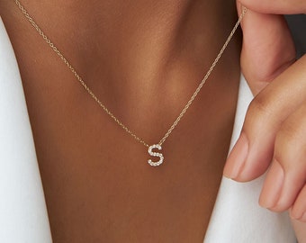 14k Gold Diamond Initial Necklace / Diamond Letter Necklace / Pave Diamond Necklace / Personalized Jewelry / Personalized Necklace /Birthday