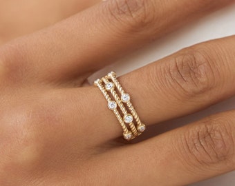 Statement Diamond Ring, 14k Gold Twisted Rope Triple Band Unique Diamond Ring, Braided Diamond Stacking Ring, Promise Ring