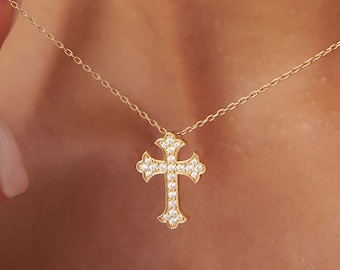 14k Gold Diamond Cross, Round Diamond Pave Gothic Cross, Religious Cross Charm, Solid Gold Cross Necklace, Unique Cross Gift