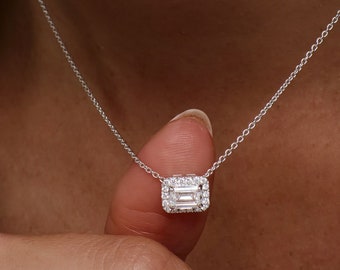 Diamond Necklace Emerald Cut, 0.90 ctw 14K Gold Halo Setting Emerald Cut Lab Grown Diamond Necklace, Minimalist Anniversary Pendant, Taylor