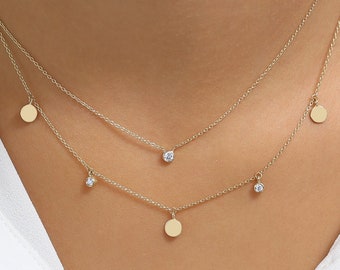 Dangling Diamond Necklace with Dangling Gold Disc in 14k Solid Gold / Diamond Choker / Gold Choker / Disc Choker