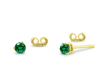 Emerald Stud Earrings / Round Cut Emerald Stud Earrings / 14k Gold Stud Earrings  / 3MM Round Emerald Earrings / Gift for Mom