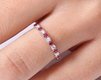 Ruby & Diamond Wedding Ring / 14k Gold Shared Prong Ruby Eternity Diamond Band / July Birthstone Ring/ Anniversary Ring