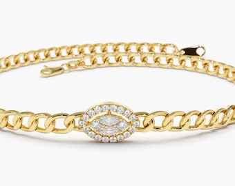 Cuban Link Bracelet / 14k Gold Bracelet 3MM Curb Link Marquise Diamond Illusion Setting Bracelet / Diamond Bracelet by Ferkos Fine Jewelry