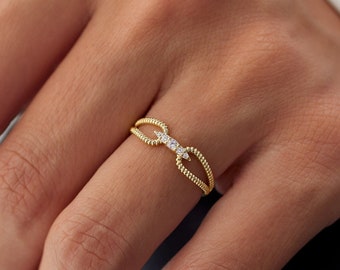 Diamond Ring / 14k Gold Unique Diamond Ring with Double Rope Band / Luxury Statement Women's Diamond Ring by Ferkos Fine Jewelry