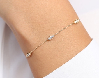 Diamond Bracelet/ Delicate Diamond Bracelet for Women/ 3 Station Trio Diamond Link Bracelet/ Genuine Diamond Chain Bracelet / Gift for Mom