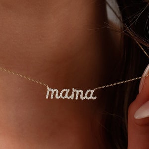 14k Solid Gold Dainty Diamond Scrip Mama Necklace marki Ferkos Fine Jewelry / Naszyjnik dla mamy / Idealny prezent dla mamy / Gotowy do wysyłki